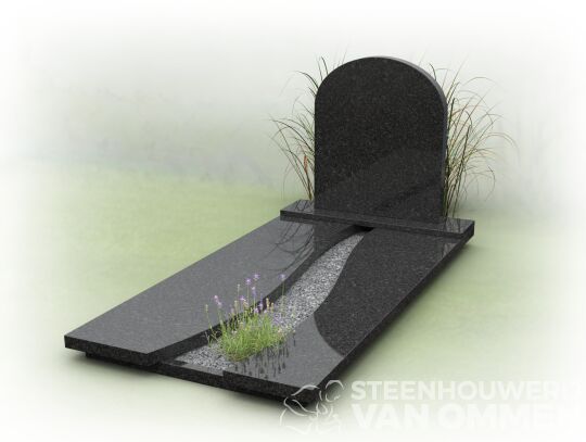 Grafsteen met halfronde letterplaat en rivier