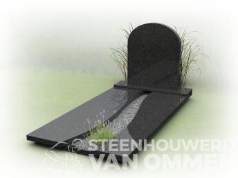 Grafsteen met halfronde letterplaat en rivier
